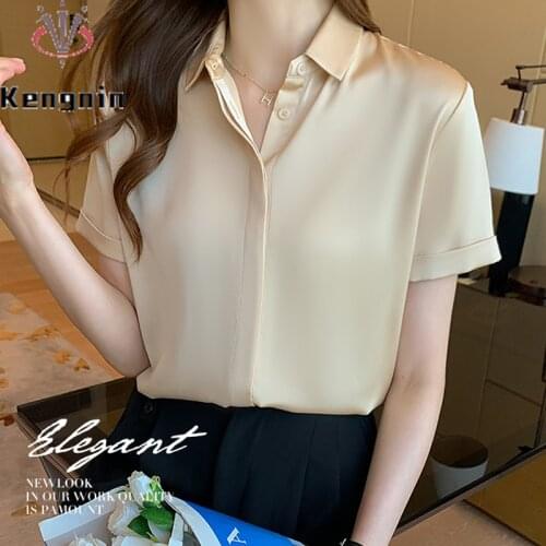 Satin Silk Women Formal Shirts 2021 Summer Designer Chiffon Womens Blouse and Shirts Short Sleeve Simple Female Tops KE1473