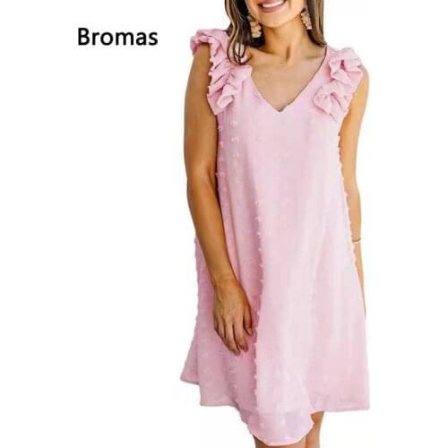 2021 Summer New Fashion V-neck Solid Color Casual Loose Sleeveless Small Hair Ball Lotus Leaf Open Back Dress