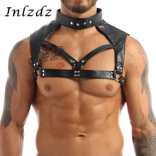 Harness Mens Lingerie Leather Adjustable Body Chest Harness Bondage Sexy Costume with Choker Neck Press Button Male Erotic Tank
