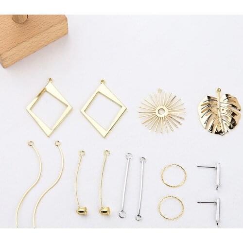 10pcs Real Gold Electroplated Leaves Flower Hollow Geometric s-shaped Double Hanging Wire Ring Diy Hand Ear Stud Material