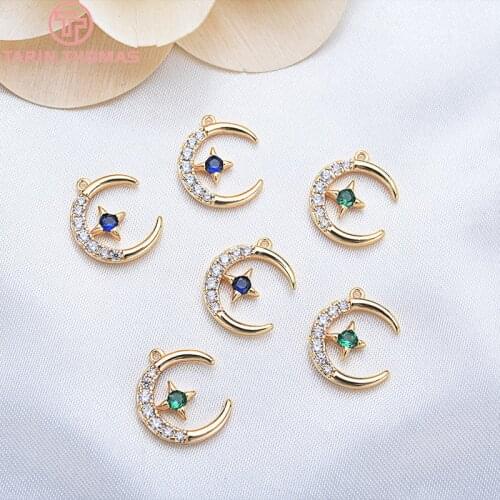 4PCS 7.5x13.5MM 24K Gold Color Plated Brass with Zircon Moon with Star Charms Pendants High Quality Diy Jewelry Accessories