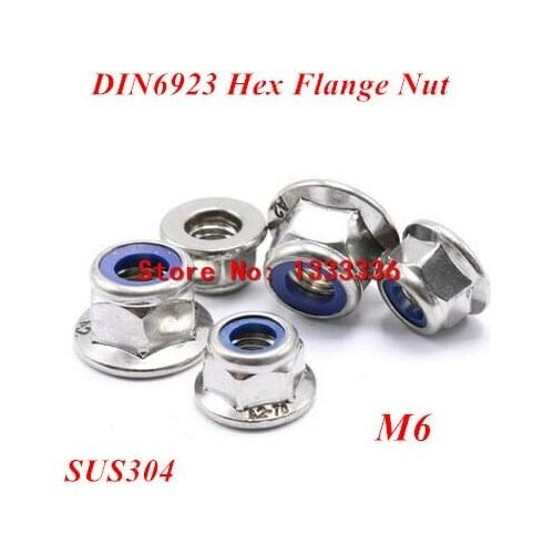 50pcs M6 DIN6923 Hexagon Flange Nuts 304 Stainless steel Nylon Insert Hex Nuts with Flange