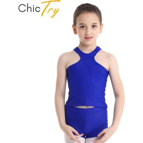 ChicTry Kids Teens Two-piece Sports Ballet Gymnastics Lace Side Shorts with Racerback Tank Top Set Children Practice Dance Wear