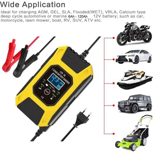 FOXSUR 7A 12V ATV Motorcycle Car Pulse Repair Charger, Lead Acid Battery Charger, 7-Stage Smart Battery Charger LCD display