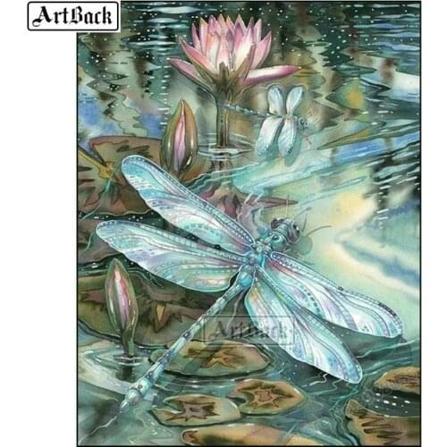 Full square 5d diy diamond painting dragonfly lotus cross sticker 3d diamond embroidery color landscape diamond mosaic
