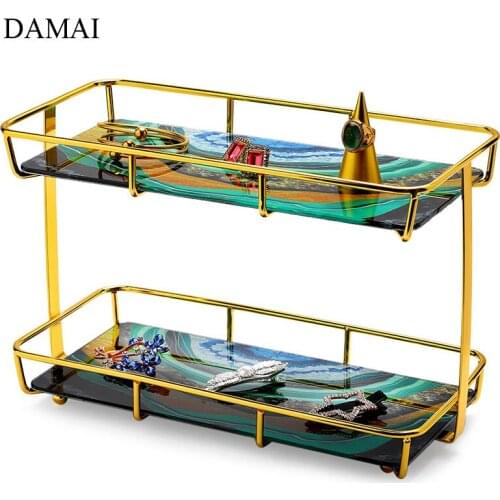 Agate Texture Ceramic Shelf Organizer Nordic Gold Inlay Frame Plating Craft Large Double Layer Jewelry Cosmetic Display Shelves