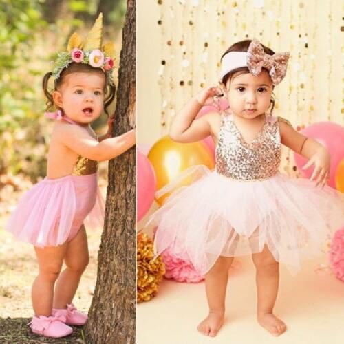 Infant Kids Baby Girl Toddler Party Dress Lace Jumpsit Tutu Bow Sequins Outfits Headdress Set