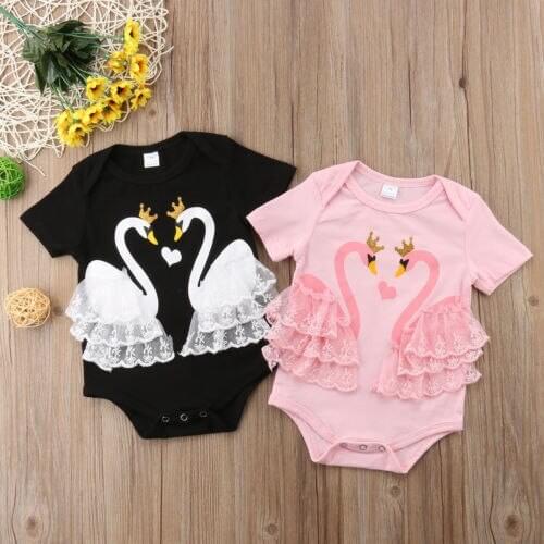 Baby Toddler Infant Girls Bodysuits Swan Short Sleeve Lace Bodysuit Jumpsuit Sunsuit Cotton Cute Girl Summer Clothing 0-24M