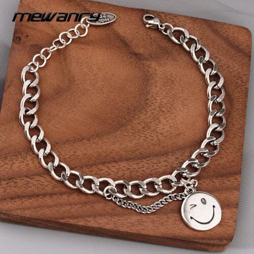 Mewanry INS Fashion 925 Sterling Silver Thick Chain Bracelets Vintage Hip Hop Smiley Face Pendant Party Jewelry Couples Gifts