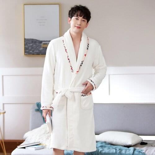 Men New Autumn Winter Sleep Robe Velvet Thick Warm Nightgown Solid Kimono Bathrobe Belt Pocket Lounge Home Clothes Bademantel