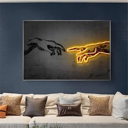 Wall Art Canvas Home Decor Creation of Adam Painting HD Print Neon Lights Modern Posters Cuadros Modular Pictures Living Room