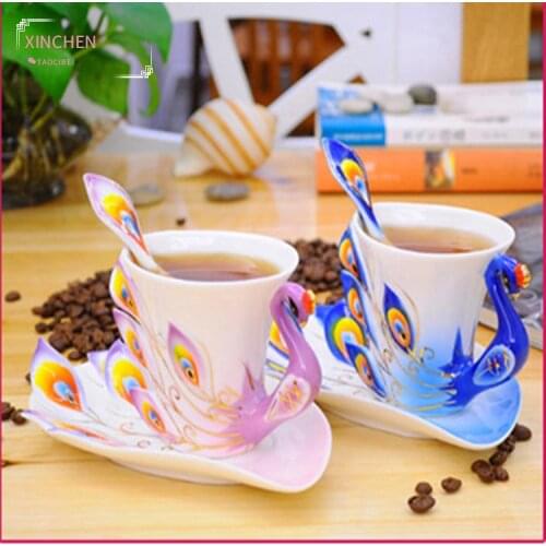 XINCHEN 2021 New Creative Enamel Porcelain Peacock Ceramic Cup Saucer Spoon Coffee Couple Cup
