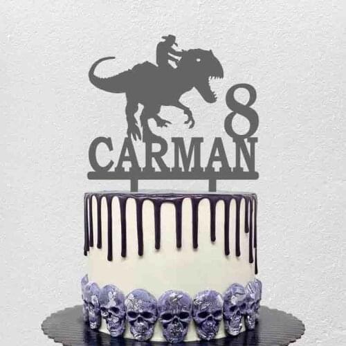 Personalized Dinosaur Cake Topper Custom Name Age Boy Riding Tyrannosaurus Rex For Indominus Rex Fans Birthday Party Decoration