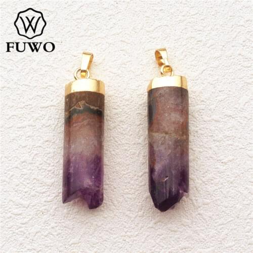 FUWO Amethysts Cylinder Pendant 24k Gold Electroplated Polished Purple Crystal Quartz Jewelry Accessories Wholesale PD142