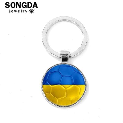 SONGDA Ukraine Flag Keychain World Football Game Soccer Printing Glass Dome Pendant Silver Color Key Chain Bag Charms Fans Gifts