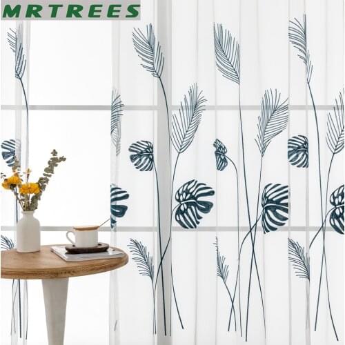 MRTREEES Leaf Embroidered Window Modern Tulle Curtain for Living Room Bedroom Kitchen Voile Sheer Curtains Drapes