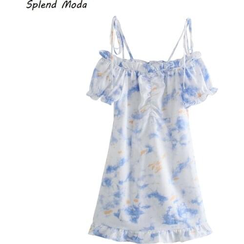 Splend Moda Tie-Dye Floral Dress 2021 Summer New Sexy Slash Neck Strap Lace-Up Short-Sleeve Ruffles Dresses For Women Vestido
