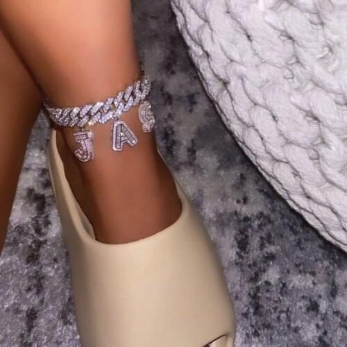 All initial DIY letter charm chain bracelet anklet with 12mm hip hop cuban chain with cubic zircon paved hiphop name jewelry