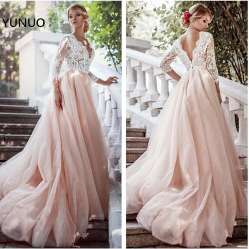 YUNUO Dusty Pink 3/4 Long Lace Sleeves Evening Dresses Vestido Womens Party Dress V-neck Tulle Formal Prom Gowns with Train