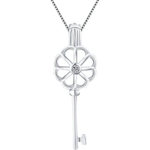 CLUCI 925 Sterling Silver Flower Key Shaped Pendant for Pearl Jewelry Cage Pendant Silver 925 Women Pearl Locket Jewelry SC029SB
