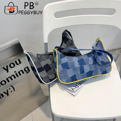 Retro Women Color Stitching Denim Shoulder Underarm Purse Casual All-match Zipper Small Hobos Bag Portable Street Travel Handbag