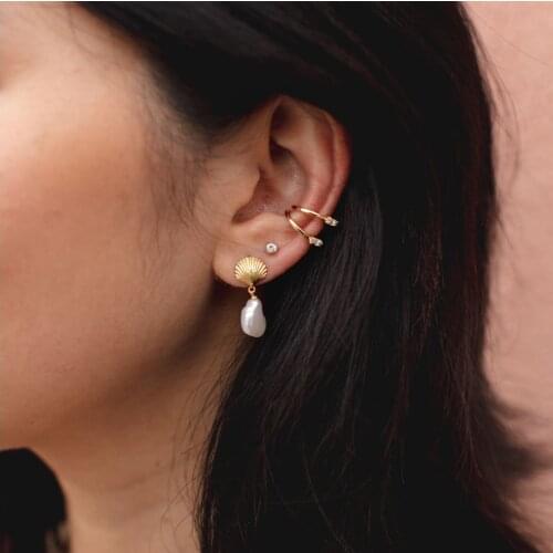 Gold filled sea shell white fresh pearl beaded drop charm Summer beach hot selling trendy women earring jewelry