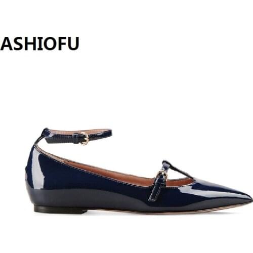 ASHIOFU Handmade Ladies Flats Shoes T-strap Blue Patent Leather Ballet Shoes Buckle Strap Fashion Evening Club Flats Court Shoes