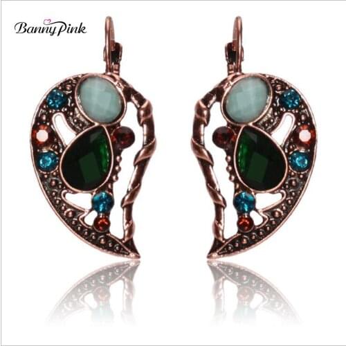 Banny Pink Vintage Alloy Leaf Clip Earrings For Women Ethnic Metal Pendant Earrings Fashion Jewelry Colorful Statement Earrings