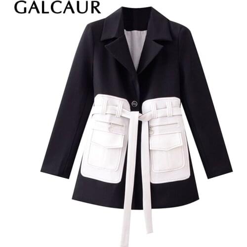 GALCAUR Asymmetric Blazer For Women Notched Collar Long Sleeve High Waist Lace Up Patchwork Hit Color Coats Female 2020 New Tide