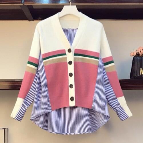 2021 spring and autumn new loose shirt stitching irregular knitted sweater striped denim sweater jacket women