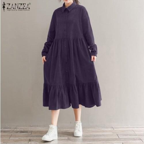 Womens Shirt Sundress 2021 ZANZEA Fashion Corduroy Dress Spring Long Sleeve Ruffle Vestidos Female Button Midi Robe