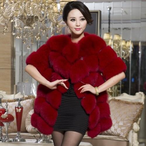 Winter Womens Genuine Real Fox Fur Coat Half Sleeve Leather Patchwork Lady Medium-long Outerwear VF0298
