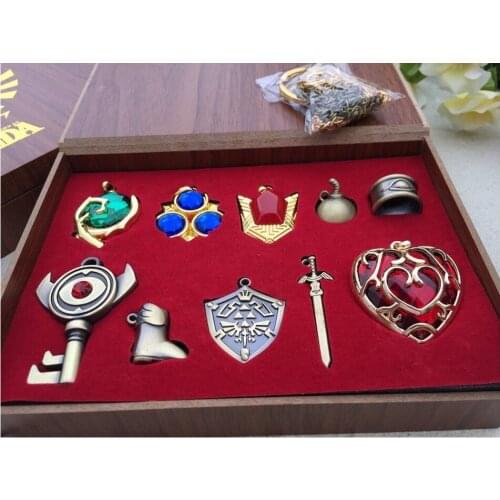 10pcs/Set Collection Zelda Badge Triforce Hylian Shield & Master Sword Keychain/necklace/ornament Key Chain Box