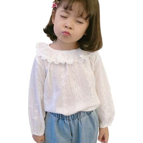 Spring Fall Baby Girls White Blouse Lace Doll Collar Girls Tops Kids Shirt Long Sleeve Shirts Cute Toddler Childrens Clothing