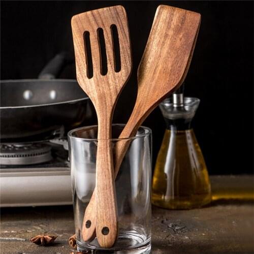 Wood Long Handle Spatula Kitchen Turner Non-Stick Cooking Utensils Wooden Spatula Slotted Wooden Utensils