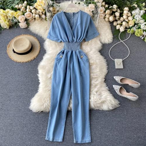 Women Deep V neck Denim Jumpsuits short sleeve stretchy Rompers Overalls New slim waist long Jean Pants Female Casual Long Pants