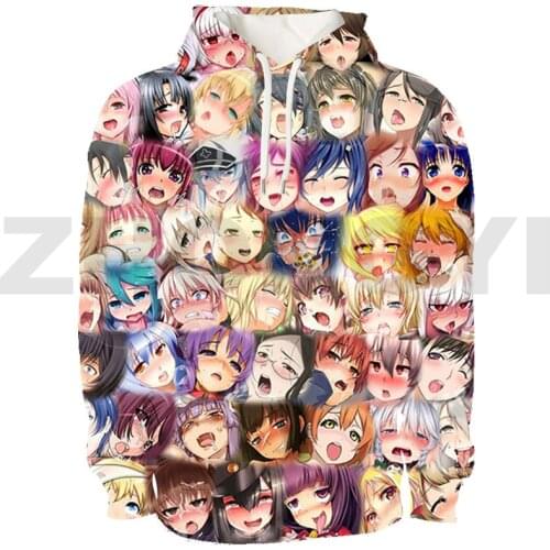 3D Print Ahegao Hoodie Tops Cartoon Hentai Hoodies Men Senpai Pullover Oversized Streetwear Teenagers Anime Kawaii Sweatshirt