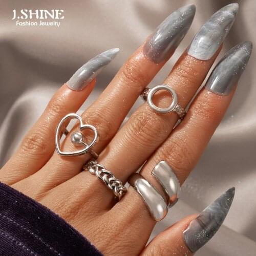 JShine 4Pcs/Set Bohemain Heart Joint Ring Sets for Women Hollow Geometric Twist Alloy Metal Silver Color Finger Party Jewelry