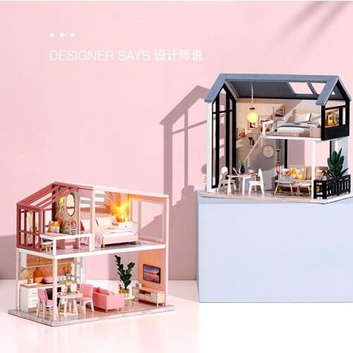 Doll House 3D DIY Wooden Miniature Nordic Duplex Dollhouse Furniture Assembling Kids Toy Room Decor for Children Christmas Gift