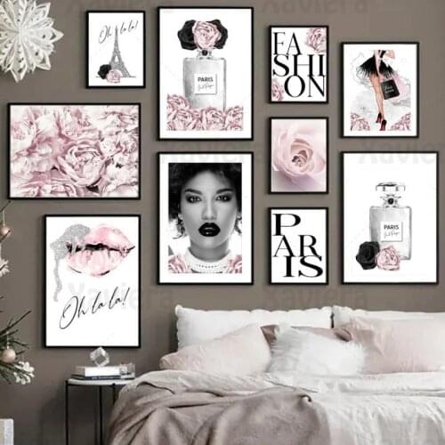 Fashion Wall Art Modern Pink Poster Rose Girl Lips Perfume Paris Tower Canvas Painting Nordic Home Decoration Mural Wall Picture
