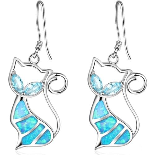 Trendy Cute Female Blue Opal Crystal Stone Dangle Earrings Silver Color Wedding Jewelry Boho Small Cat Animal Earrings for Women