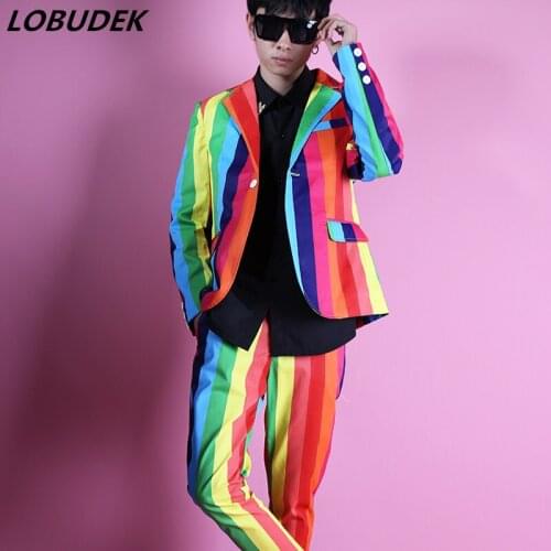 Colorful Stripe Mens Suit Stage Clothing Tide Male Singer Host Concert Performance Costume Bar Fashion Blazers 2 Pieces Set