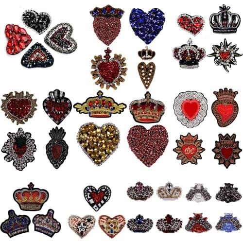 DIY Beaded Crystal Diamond Heart Crown Patches Strawberry Badge Embroidery Applique Sew on Clothes Craft Accessories