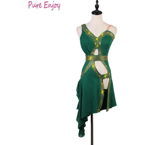 New Latin Dance Dress Women Competition Costumes Custom Practice Skirts Shining Crystal Green Advanced Rhinestoned Latin Dresses