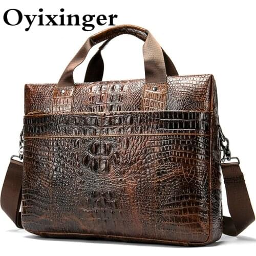 OYIXINGER Laptop Briefcase Bag Men Genuine Leather Shoulder Bag For Male Luxury Crocodile Pattern Laptop Bag For 14" Hp Huawei