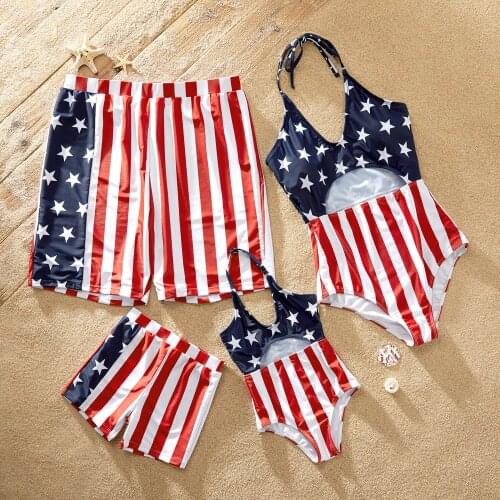 PatPat 2021 New Summer Red Stripe Stars Flag Family Matching Swimsuits Family Look Childrens Clothing