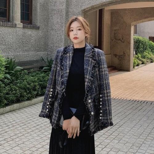High quality womens plaid small suit autumn new Korean version of the slim slimming wild tweed beaded tassel Blazers jacket
