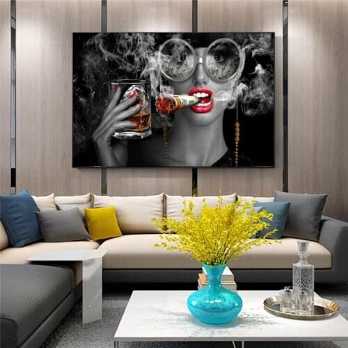 Bar Wall Decor Cool Smoking and Drinking Gril Poster Print on Canvas Fashion Makeup Woman Wall Pictures Home Decoration No Frame