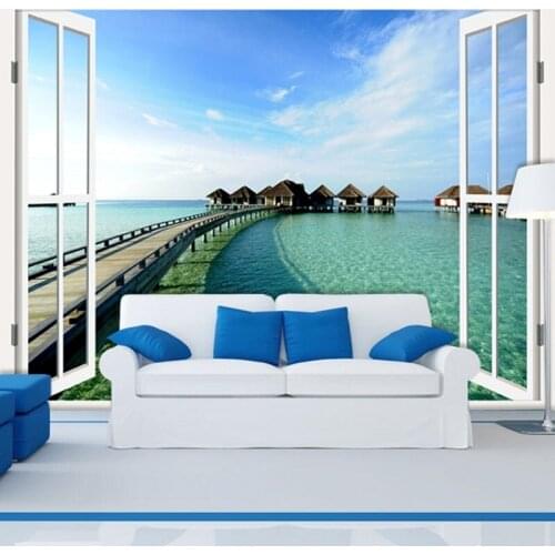 Custom mural living room sofa backdrop bedroom wedding room wallpaper 3D European sea scenery false window wallpaper mural