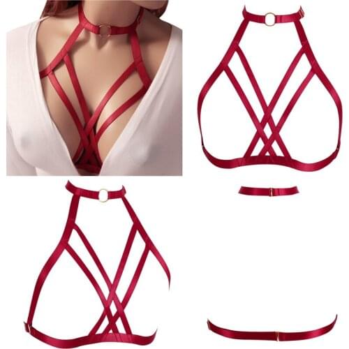 Strappy Harness Red Sexy Lingerie Elastic Cage Chest Belt Hollow Out Gothic Punk Plus Size Art Dance Festival Rave Women Bra